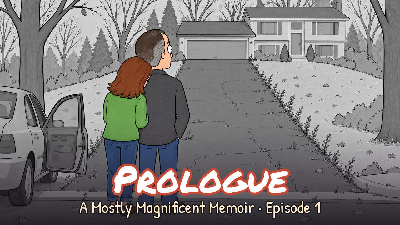 Episode 1, Prologue: James and his wife Sabrina at the foot of the driveway of his childhood home