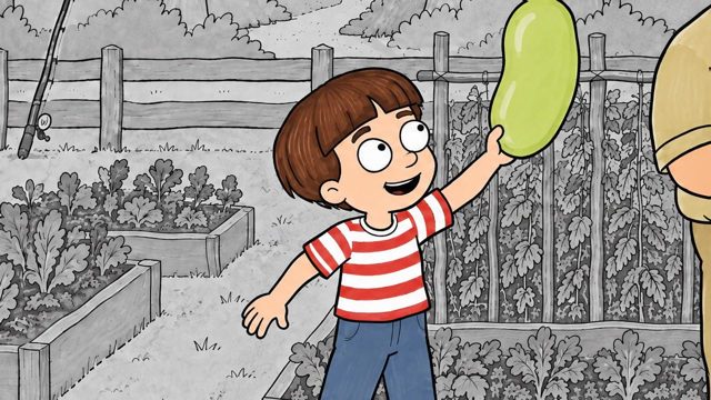 A frame in the Light-hearted style: a smiling cartoon boy in a striped shirt holds up a giant lima bean in a grey pencil garden