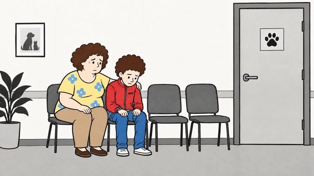A frame in the Serious style: a woman comforts a sad boy in a grey vet waiting room, with only the people in colour